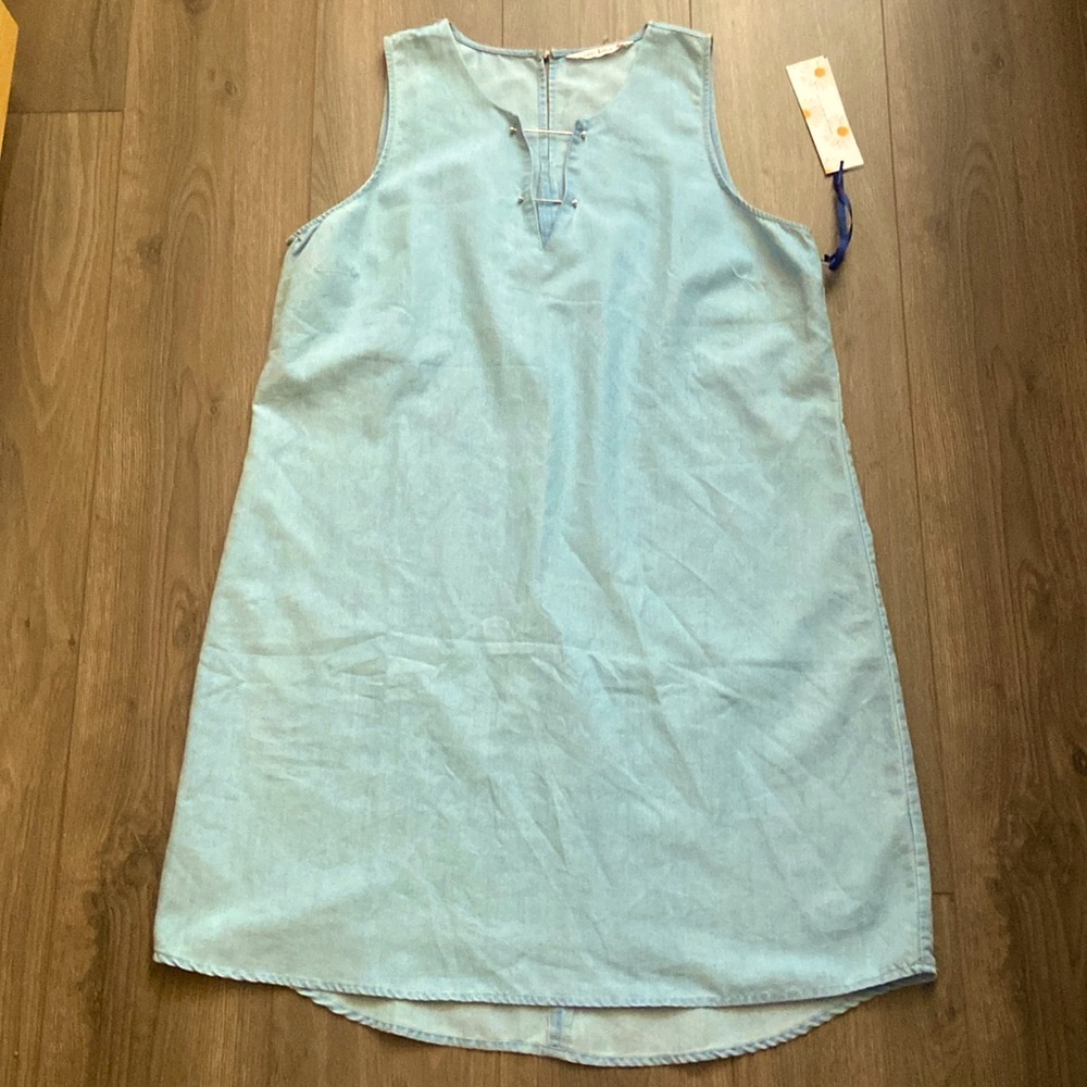 CHAMBRAY COTTON BLEND SLEEVELESS SHIFT MIDI DRESS